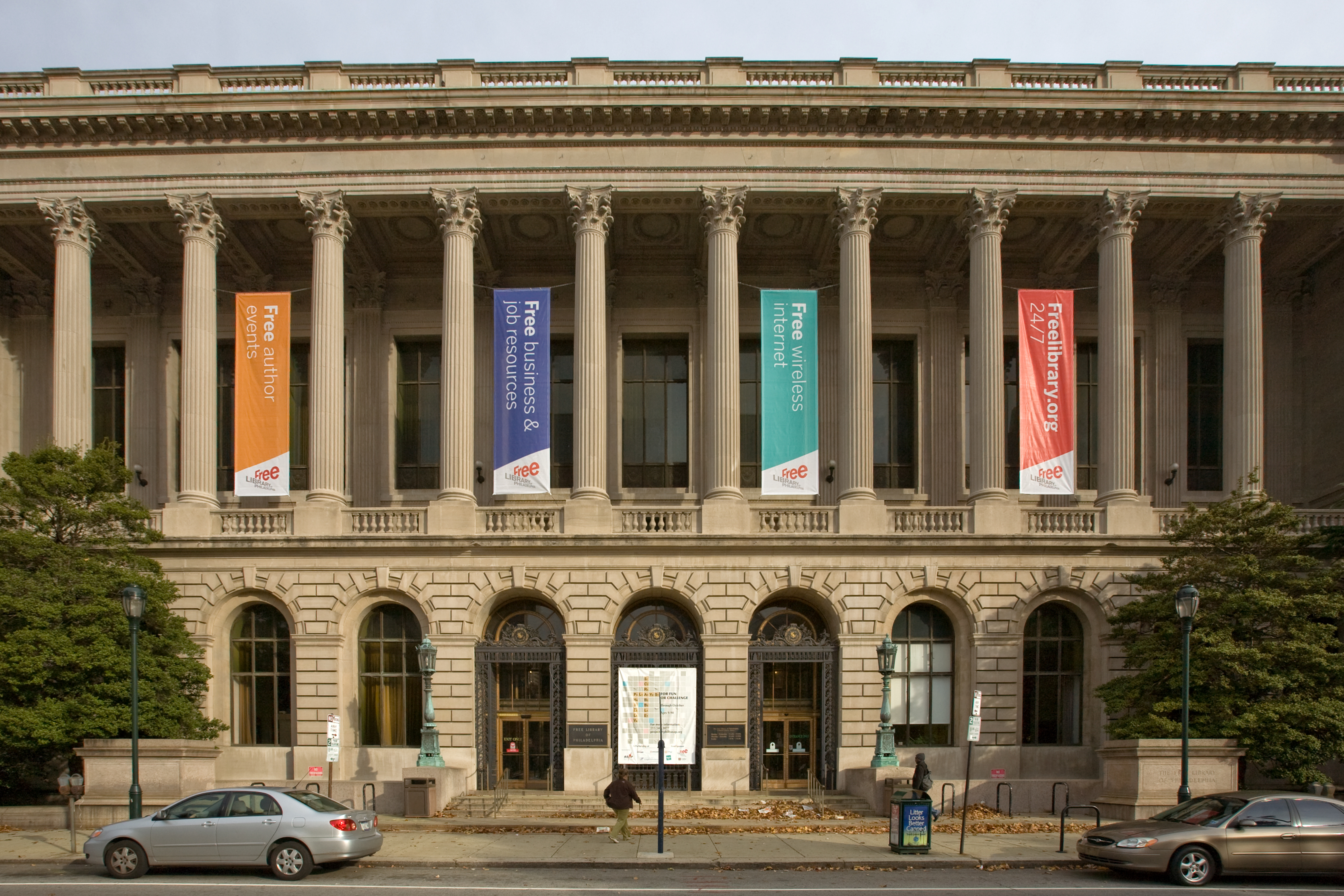 Banners hang in front of the Parkway Central branch of the Free Library of Philadelphia.