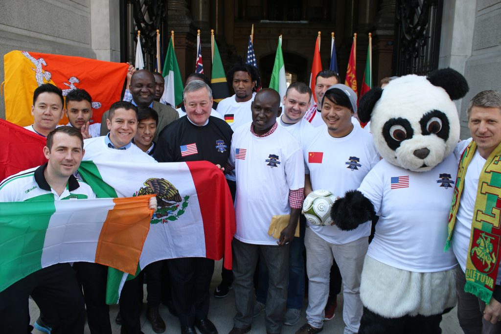 Mayor Kenney with supporters of the Philadelphia International Unity Cup.